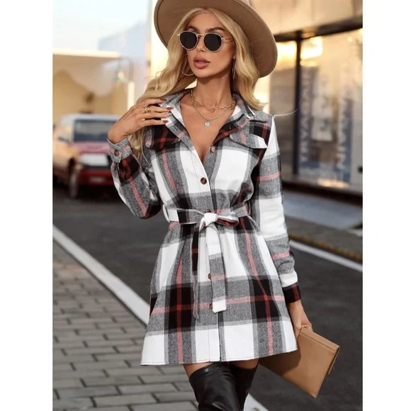 Plaid Long Sleeve Button Front Tie Belted Short Shirt Style Dress - Picture 4 of 10